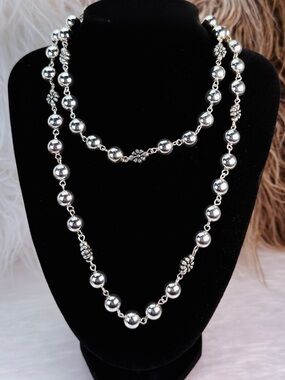 Silver Tone Long Beaded Necklace Floral Spacer Ball Beads Layering Statement
